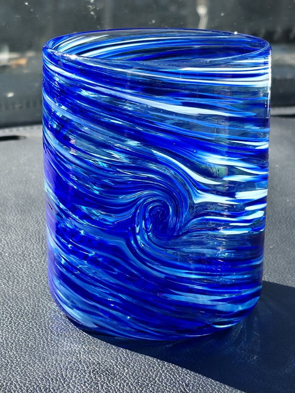 Cory Ballis Signed Cobalt Blue Swirl Art Glass Lowball Rocks Tumbler Handmade